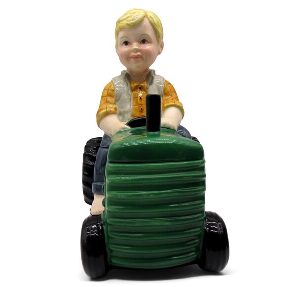 BOY Figurine On Green TRACTOR Ceramic Cookie Jar 11" Farmhouse Decor Rare Vintag - Picture 2 of 15